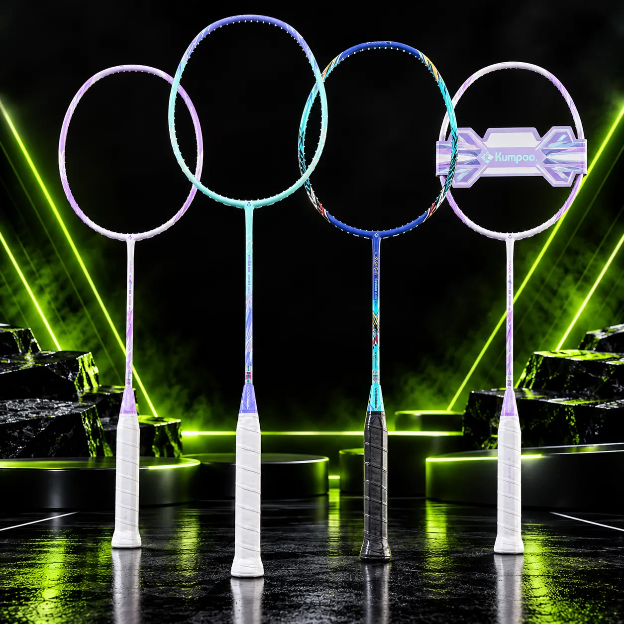 Kumpoo original badminton rackets including the AK-7 II displayed on a neon-lit stage