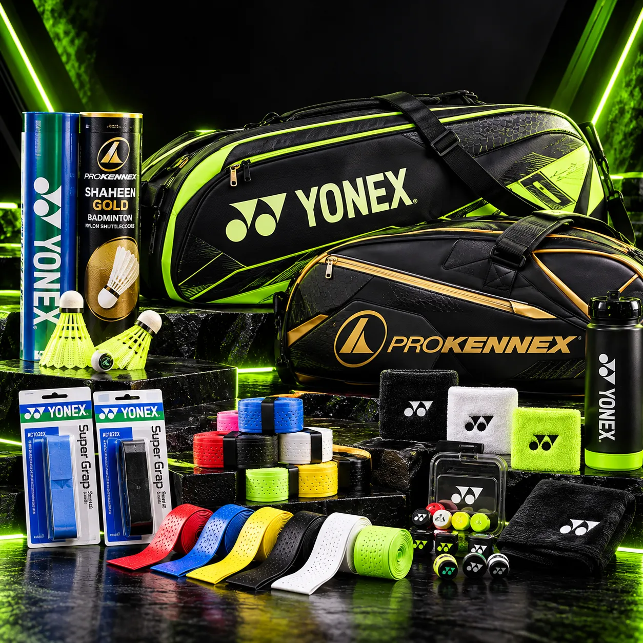 Badminton kit bags, shuttlecock tubes, grips and wristbands