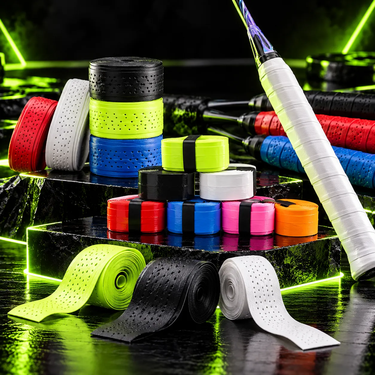 Colourful badminton grips and overgrips in rolls