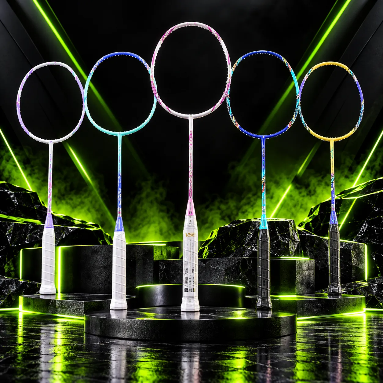 Five badminton rackets displayed upright on a neon-lit stage