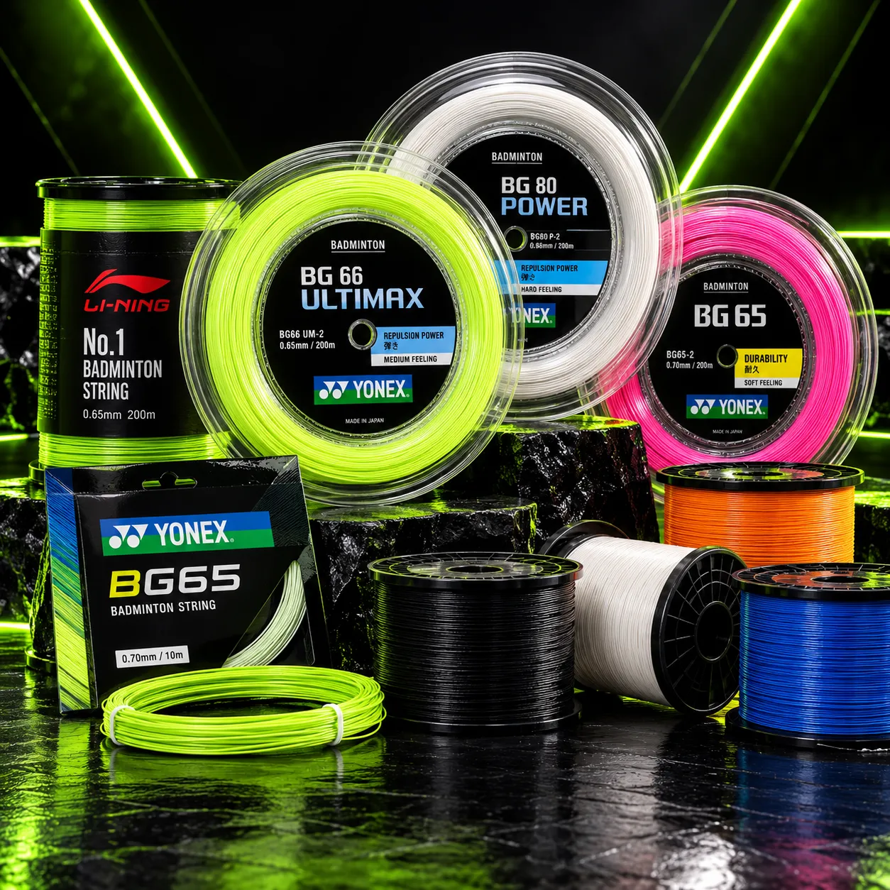 Reels and packs of badminton racket strings in yellow, white, pink and blue