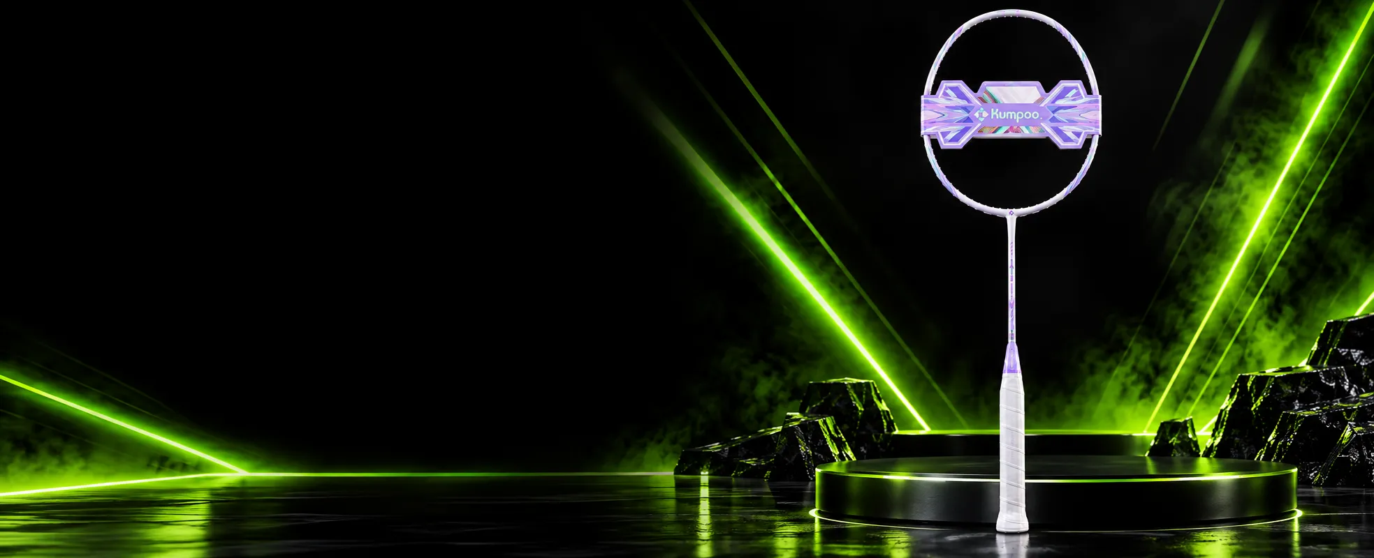 Kumpoo AK-7 II original badminton racket standing on a pedestal under neon green light