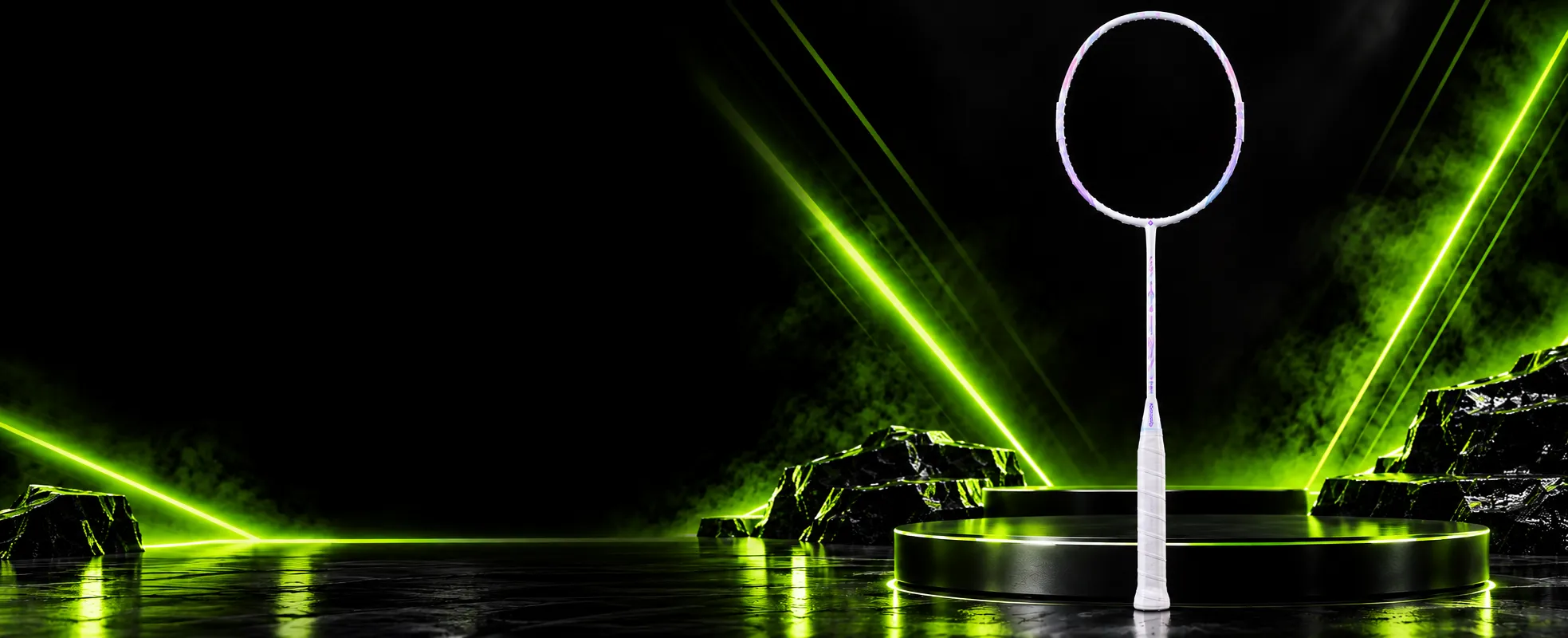 Kumpoo Flower Partner original badminton racket standing on a pedestal under neon green light