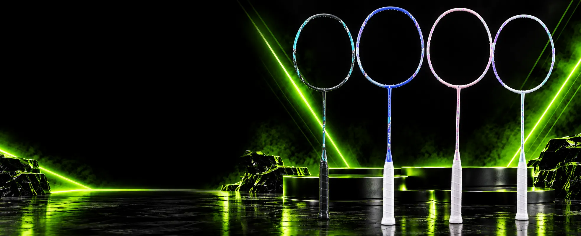 ProKennex Turbo Lite original badminton rackets lined up on a neon-lit stage