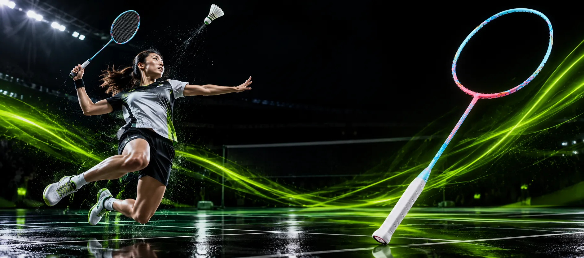 Badminton player jumping for a smash beside a Kawasaki Passion P25 racket with a blue and pink frame