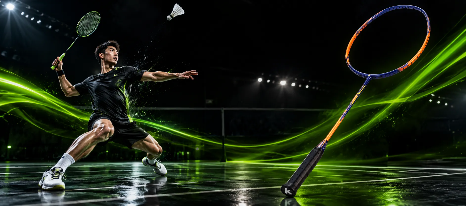 Badminton player lunging for a shot beside a Kawasaki Ninja X 266 racket with orange and blue frame on a neon-lit court