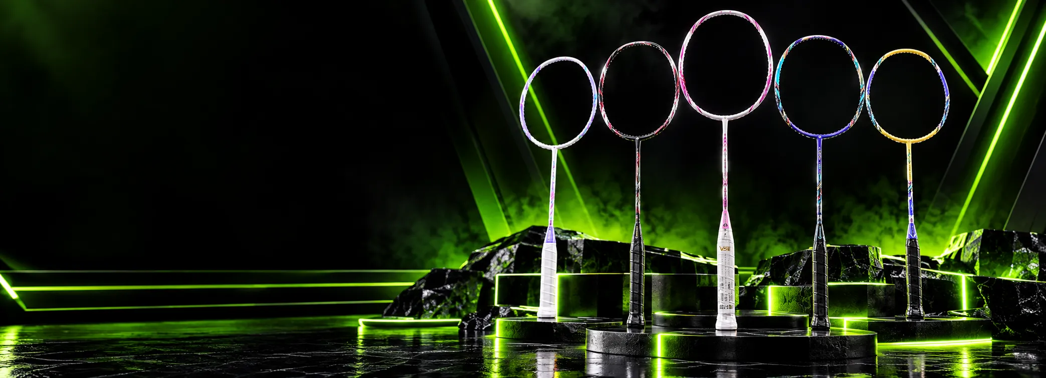 Five original badminton rackets on pedestals with neon green light beams