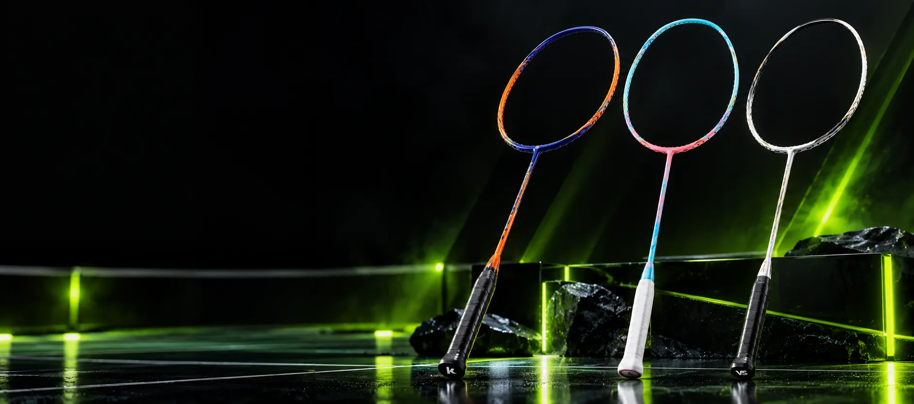 Three original badminton rackets standing upright on a dark stage lit by neon green light